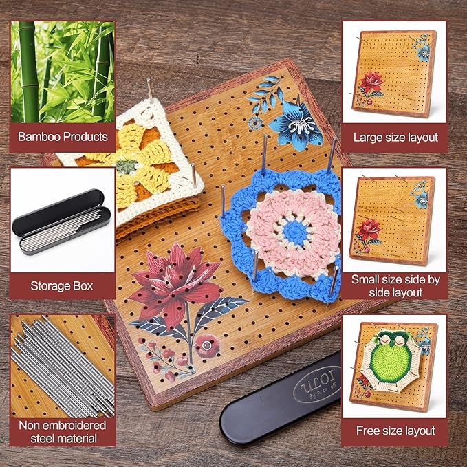 10”Crochet Blocking Board - Upgraded Style with 4 Tension Rods and 20 Pegs – Blocking Boards for Crochet Projects, Ideal for Granny Square Card Deck Users (Crimson)