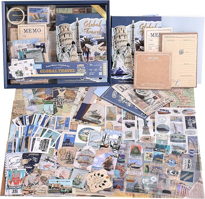 emmoolife Scrapbooking Supplies Kit, Daily Life World Travel Scrapbook Kit for Bullet Junk Journal, Stationery, A6 Grid Notebook, DIY Journaling Supplies, Birthday Craft Gift Teen Women