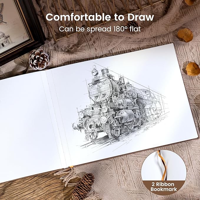 CAGIE Hardcover Sketch Book for Drawing, Art Paper Sketchbook 185 GSM, 11.7" x 8.9" Large Sketchbook with Thick Paper, 60 Sheets, Brown