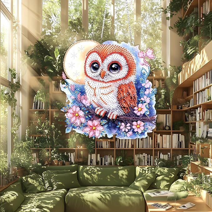 Lxmsja DIY Adorable Owl Diamond Painting Hanging Ornament, Double-Sided Acrylic Moon Flowers Diamond Art Kit, Special Shaped Suncatcher Hanging Pendant Window Art Kit 8x8 inch