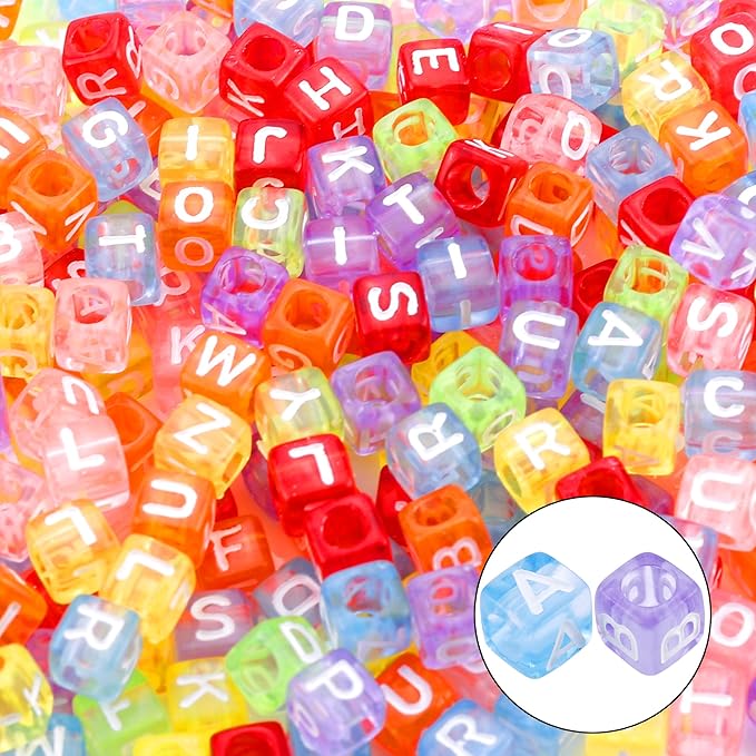 Augshy 1400pcs 5 Color Cube Alphabet Beads Bracelet Letter Beads for Bracelets Making with 1 Roll 50M Crystal String Cord for Jewelry Making（6mm）