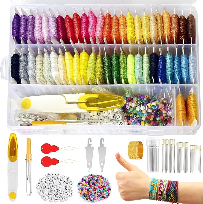 400+Pcs Friendship Bracelet String Kit String Bracelet Making Kit with 50 Skeins Embroidery Floss Cross Stitch Thread, 400Pcs Friendship Bracelet Beads, 37Pcs Embroidery Tools and Storage Box