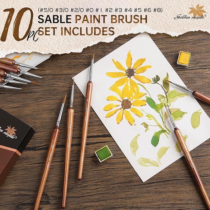 Golden Maple Artist Paint Brushes, 10PC Synthetic Sable Brush Set Miniature Fine Detail Paint Brush, Round Point Paint Brush Set for Miniatures, Acrylic & Figures, Model, Watercolor Details
