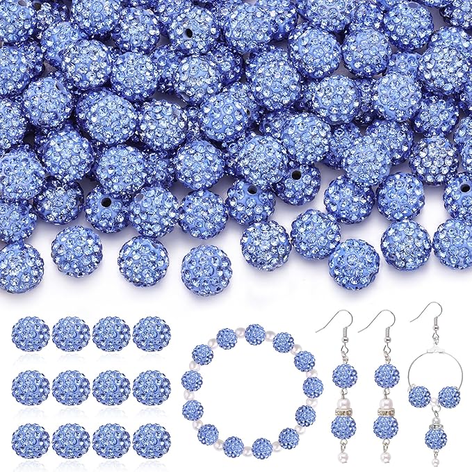 200 pcs light sky blue rhinestone beads for jewelry making, sparkle crystal clay christmas for bracelet baseball necklace earring crafting and diy, shiny round shamballa disco ball beads bulk
