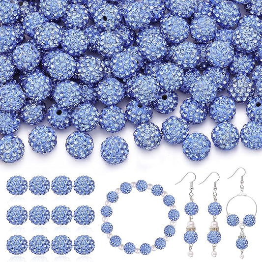 200 pcs light sky blue rhinestone beads for jewelry making, sparkle crystal clay christmas for bracelet baseball necklace earring crafting and diy, shiny round shamballa disco ball beads bulk