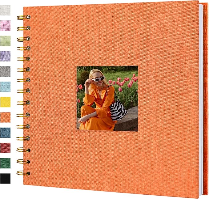 Scrapbook Photo Album Linen Cover, 8 x 8 Inch Hardcover Kraft White Pages Memory Book, for Travel Wedding Guest Book Christmas Baby Shower (20 Sheets/ 40 Pages,Orange)