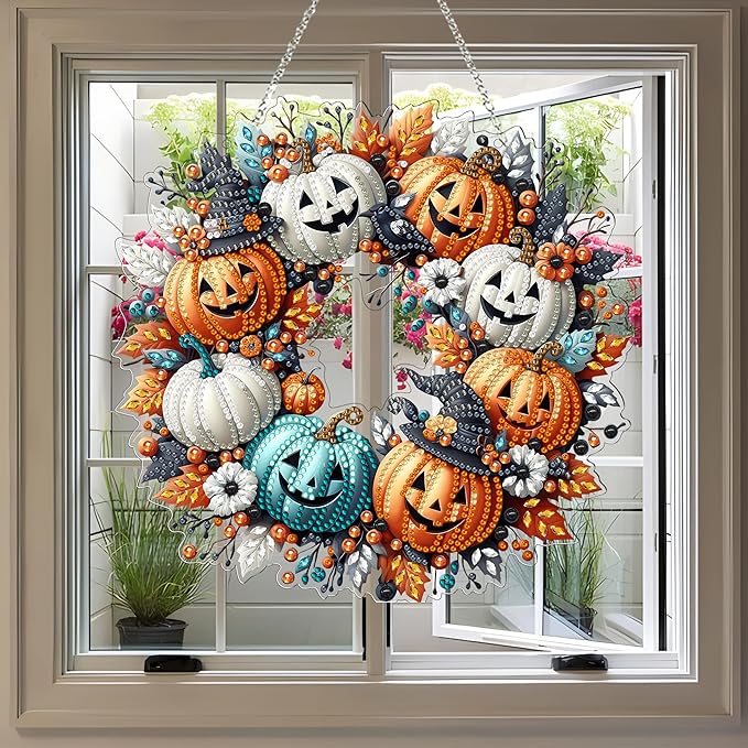 JJFox Diamond Art Hanging Kit for Adult,Special Shaped Rhinestone,Double Sided 5D DIY Acrylic Diamond Art Painting Window Pendants Home Garden Wall Hanging Kits Hanging Ornament (Halloween Pumpkin)