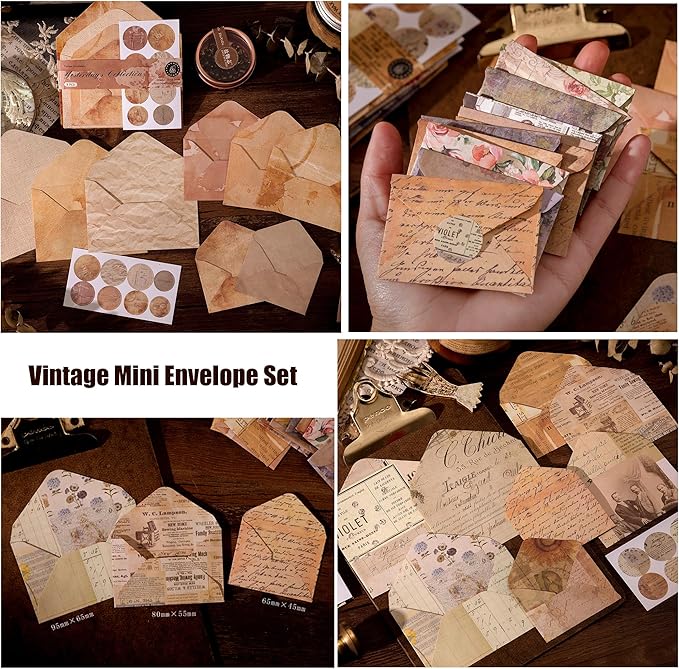 92 Pieces Mini Stationery Paper Envelopes and Sealing Sticker Set, 60 Vintage Writing Scrapbook Papers with 16 Matching Envelopes and 16 Round Seal Sticker