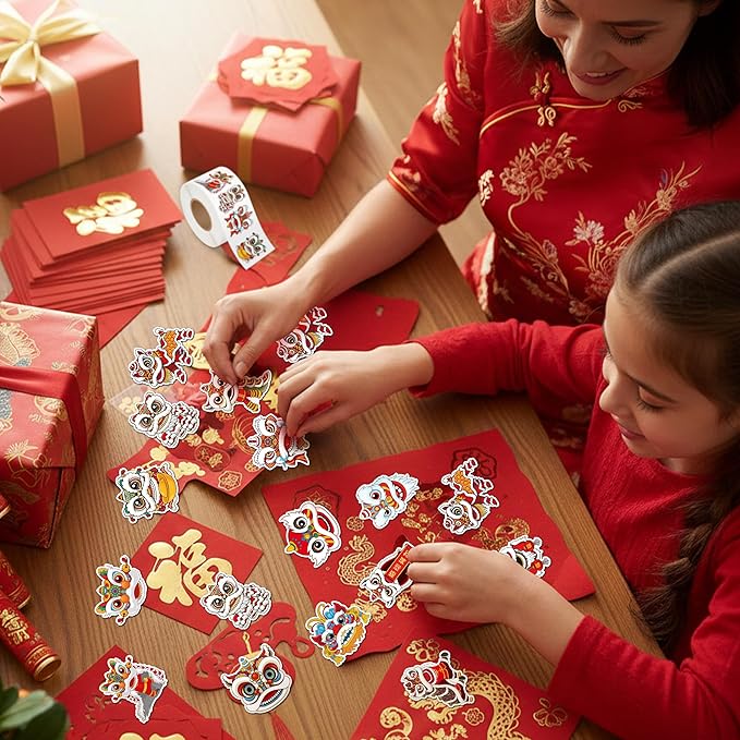 h1vojoxo chinese new year sticker rolls - 1000pcs chinese lunar new year stickers for kid 16 design cartoon lion dance stickers for craft waterproof lion dance decal decoration for water bottle laptop