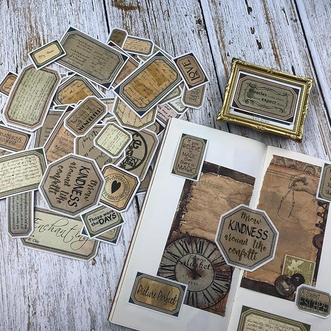 94 Pcs Vintage Label Stickers, Retro Tag Aesthetic Stickers for Scrapbooking Junk Journal Bullet Journal Collage Diary DIY Crafts