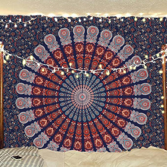 bless international handmade indian hippie bohemian psychedelic peacock mandala wall hanging college dorm beach throws table cloth bedding tapestry (golden blue white, queen(84x90inches)(215x230cms))