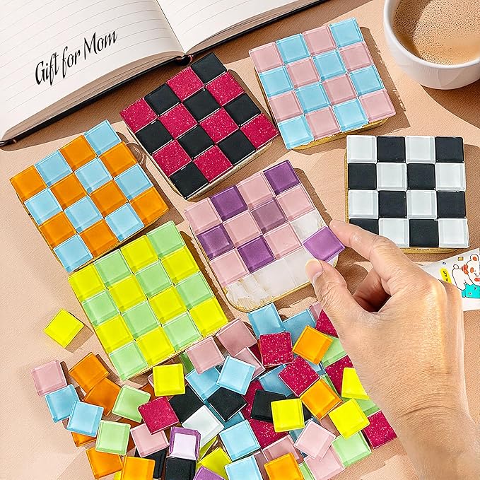 ZAIONE Mosaic Coaster Craft Kit: 6 Sets Easy DIY for Art Beginner Square Checkered Glass Tiles No Grout Needed - Craft Party Home Decor Gift