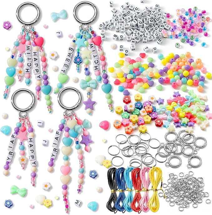 WATINC DIY Keychain Making Crafts Kits - Adjustable Letter Alphabet Beads Strings Keychain Flower Bow Shapes Beads Bulk, Bag Charms with Key Ring Supplies Jewelry Accessories Making Kit (1413Pcs)