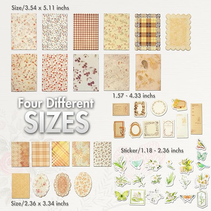 okupan vintage floral scrapbook paper & journaling stickers (400pcs) assorted set - 4 pack junk journal supplies for bullet journaling, retro crafts, planner, mixed media, collage card album