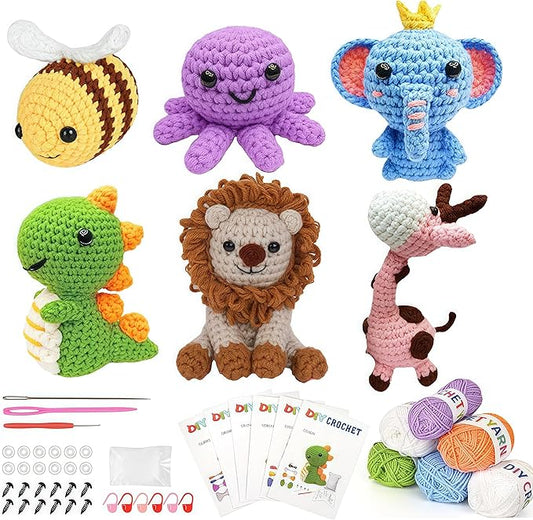 JackCao 6Pcs Crochet Kit for Beginners, 2026 DIY Craft Christmas Gift for Adults, Crochet Animal Kit with Step-by-Step Video Crochet Hook Tutorials Birthday for Crochet Lovers﻿ (Pink)