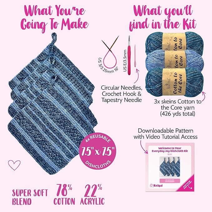 KnitPal Everyday Joy Knitting Kit – Make 4 Reusable Dishcloths for Confident Beginners – Cotton to The Core Yarn (#3 DK), Needles, Patterns & Video Tutorials (Jean Blue + Sky Blue)