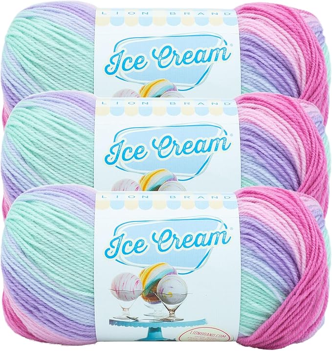 Lion Brand Yarn, Ice Cream Baby Yarn for Knitting, Crochet, and Crafts, Ube, 3 Pack, DK Weight Colorful Acrylic Fiber for Baby Blankets, Hats, and Sweaters