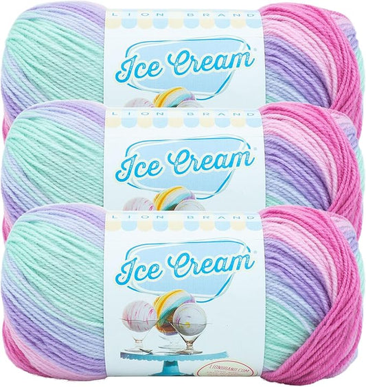 Lion Brand Yarn, Ice Cream Baby Yarn for Knitting, Crochet, and Crafts, Ube, 3 Pack, DK Weight Colorful Acrylic Fiber for Baby Blankets, Hats, and Sweaters