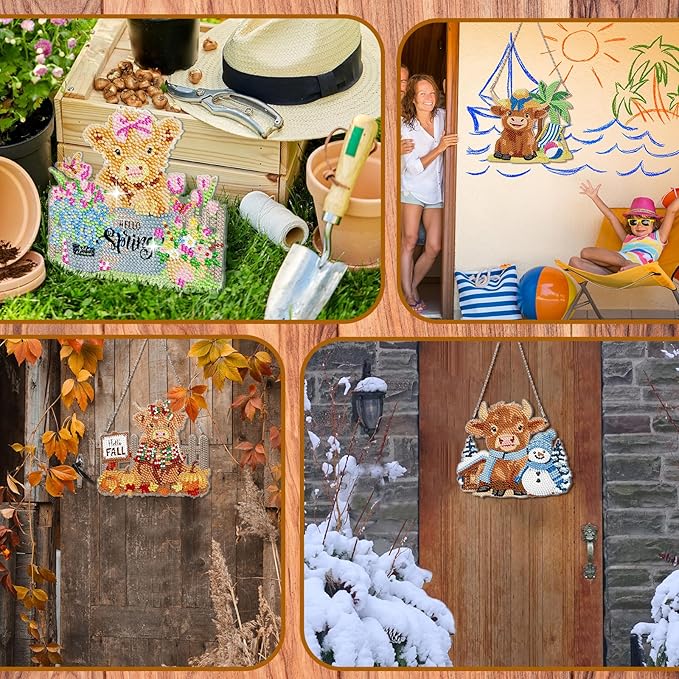 Cinnvoice 12 Pcs Seasonal Diamond Art Wreath Kits Holiday 5d DIY Diamond Art Hanging Signs Winter Spring Ornaments for Wall Door Decoration(Cow)