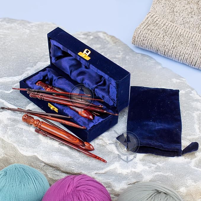 Exquisite Premium Rosewood Crafted Fine Crochet Hooks Pack with Exemplary Wood Work Handles Housed in Blue Velvet Box | Knitting & Crocheting Accessories by Nagina International