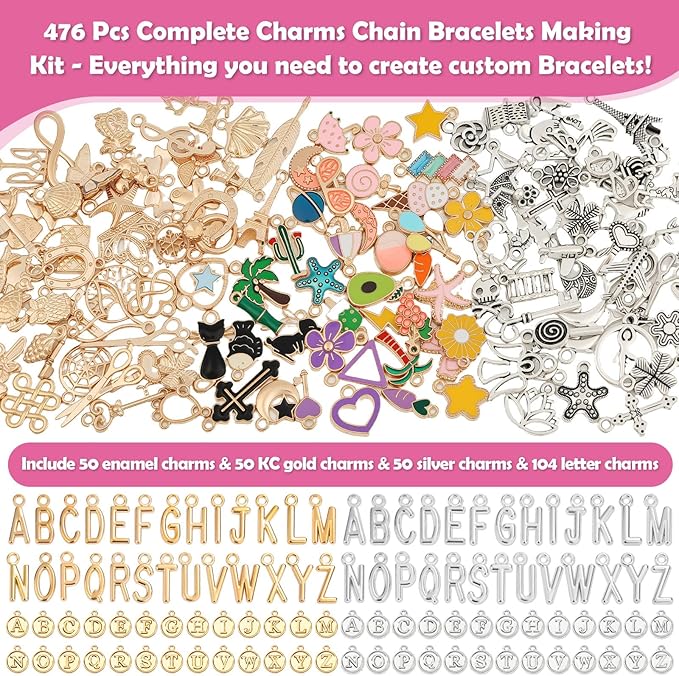 Charm Bracelet Making Kit for Adults & Teens, 477Pcs DIY Charm Bracelet Set with Gold & Silver Charms, Paperclip Chain Bracelets, Alphabet Charms, Complete Jewelry Making Supplies for Crafting