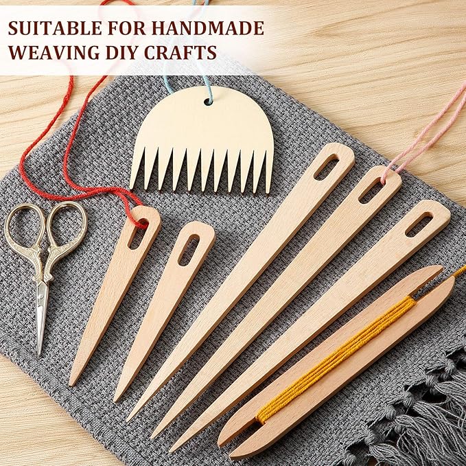 WILLBOND 7 Pieces Wood Hand Loom Stick Set Include 5 Pieces Wood Weaving Crochet Needle with Shuttles Weaving Stick and Weaving Comb for Knitted Crafts DIY
