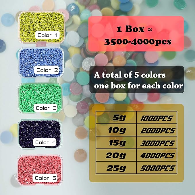 Carsilers Diamonds Painting Accessories,Replacement for Missing Round Drills 3863 3864 3865 3866 5200,Rhinestone Resin Diamond Drill,5 Colors Beads Gems Stones,3500pcs per Color