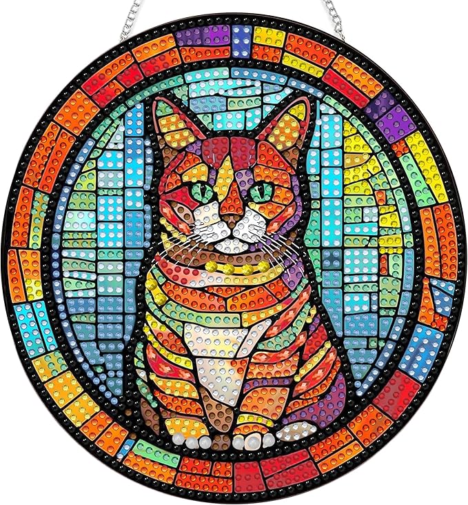 SKRYUIE Cat Hanging Diamond Art Kits for Adults Pendant Suncatcher, Special Shaped Crystal DIY Pearl Diamond Painting Kit, Gift for Mother Spring Summer Window Wreath Decor 7.87 x 7.44 Inch A14
