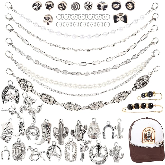 Meneng Cowgirl Hat Accessories Kit: 36PCS Western Trucket Hat Chains Bill Decoration for Women - Bling Metal Detachable Chains Bulk for Mesh Baseball Cap