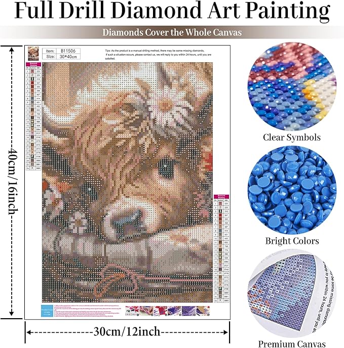 Cow Diamond Art Kits for Adults, Highland Cow Diamond Painting Kits for Adults Beginners, DIY 5D Diamond Painting with Round Gem Art Kits for Gift Home Wall Decor 12x16 Inch