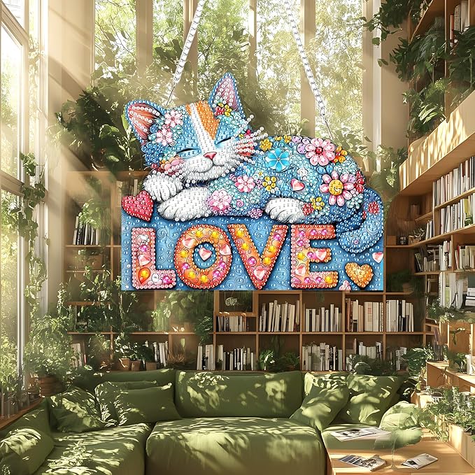 Lxmsja DIY Colorful Cat Diamond Painting Hanging Ornament, Double-Sided Acrylic Love Hearts Diamond Art Kit, Special Shaped Drill Pendant Window Art Kit, Suncatcher Hanging Craft Decoration 7×8 inch