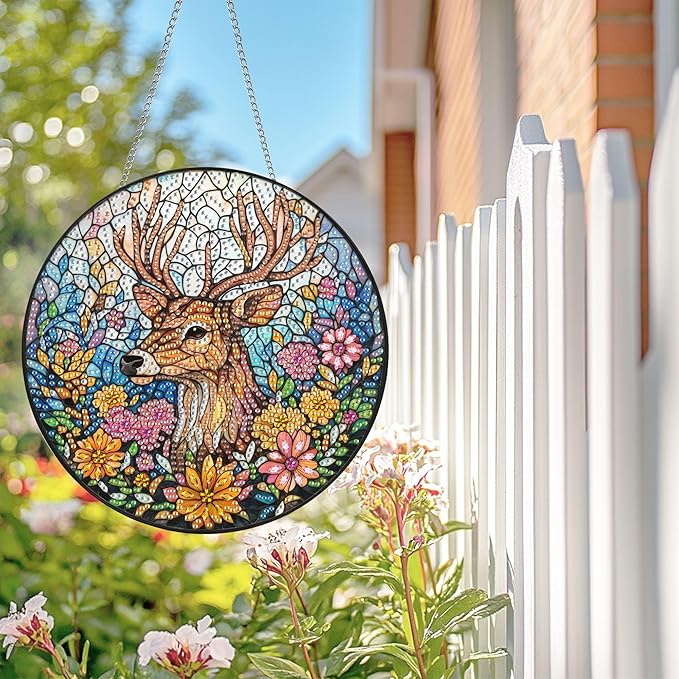 Wergund 5D DIY Elk Diamond Art Hanging Kits, Hanging Diamond Art Flower Animal, Acrylic Special Shaped Rhinestone, Window Hanging Pendants for Home Wall Garden Front Door Outdoor Decor Gift(Elk)