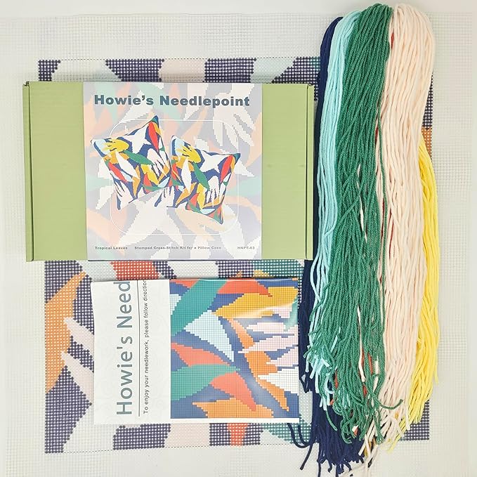 Howie's Needlepoint Needlepoint Kits for Adults, Pillow Front Cross Stitch Kit with Embroidery Pattern on Canvas, Yarn, 2 Needles and Instruction, 16 x 16inch(Colorful Leaves 2)