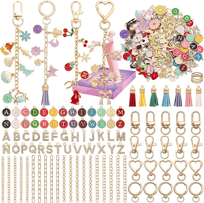Koruhi 418PCS Keychain Making Kit for DIY Lip Gloss Keychains,Bag Charm Kit, Key Chain Making Kit with Hooks, Jump Rings, Gold Charms, Chains & Tools, Jewelry Making Kit, Gifts (418, Gold)