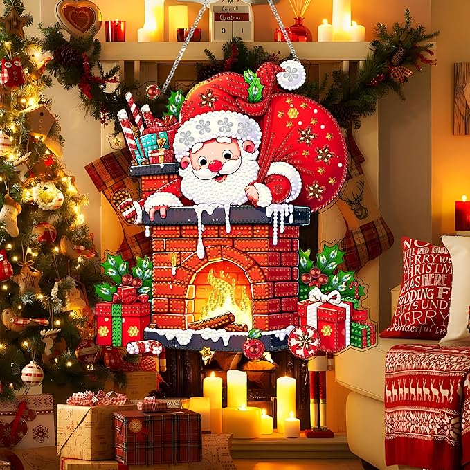 JJFox Diamond Art Hanging Kit for Adult,Special Shaped Rhinestone,Double Sided DIY Acrylic 5D Diamond Art Painting Window Pendants Home Garden Wall Hanging Kits Hanging Ornament (Father Christmas)