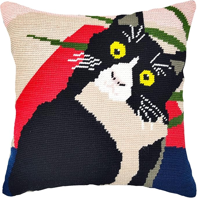 Howie's Needlepoint Needlepoint Kits for Adults, Pillow Front Cross Stitch Kit with Embroidery Pattern on Canvas, Yarn, 2 Needles and Instruction, 16 x 16inch(Cow Cat)