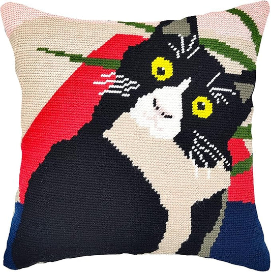Howie's Needlepoint Needlepoint Kits for Adults, Pillow Front Cross Stitch Kit with Embroidery Pattern on Canvas, Yarn, 2 Needles and Instruction, 16 x 16inch(Cow Cat)