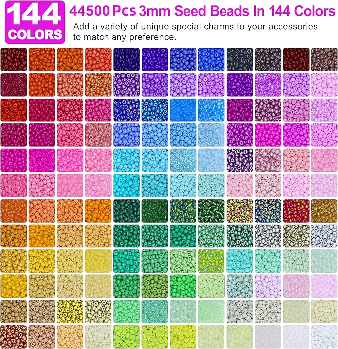 Redtwo 3mm 44500pcs Glass Seed Beads Kit, 7 Boxes 144 Colors Small Beads for Bracelets, Friendship Bracelet Kit with Charms and Letters