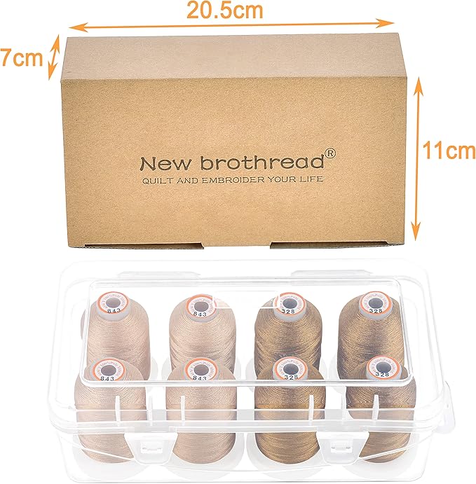 New brothread - 20 Options - 8 Snap Spools of 1000m Each Polyester Embroidery Machine Thread with Clear Plastic Storage Box for Embroidery & Quilting - 4xBeige+4xBrass