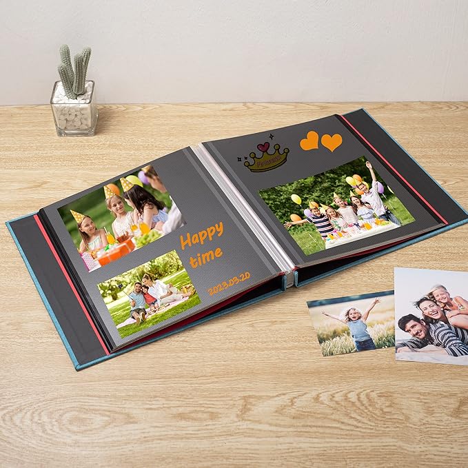 Large Photo Album Self Adhesive 4x6 8x10 10x12 13"x12.6" Scrapbook Album 12.6"x11" Inch 60 Black Sticky Pages Linen Cover Magnetic Photo Album with A Metallic Pen and DIY Stickers(Sky Blue)
