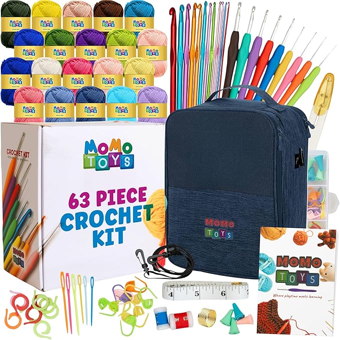 MOMOTOYS 80 Piece Learn to Crochet Kit for Beginners Adults & Kids – 20 x Yarn for Crocheting, Denim Travel Bag, Instruction Book, Ergonomic Crochet Hooks, Sewing Needles, Tools Supplies & Accessories
