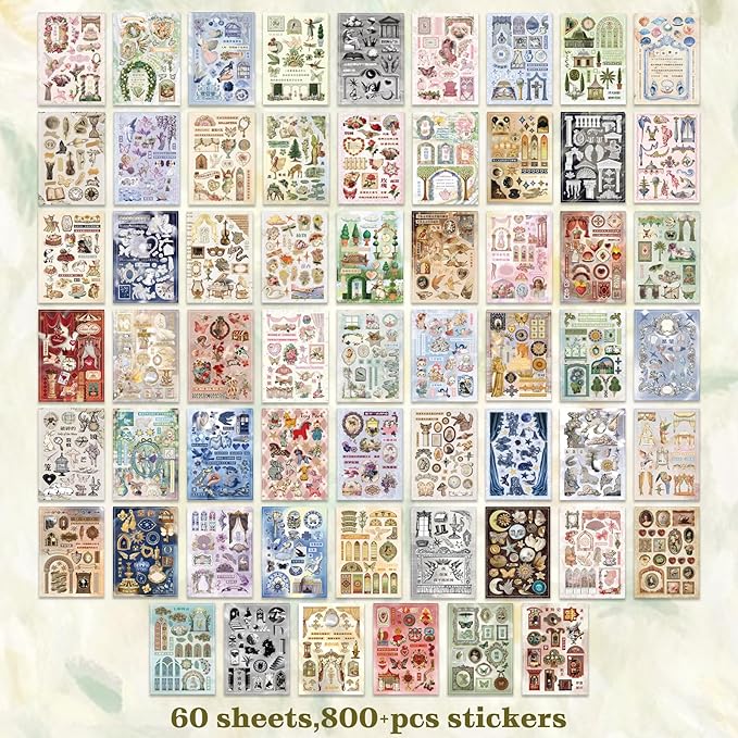 Vintage Sticker Books - 60 Sheets European Aesthetic Die-Cut Stickers with Matte & Tactile Finishes for Junk Journaling, Scrapbooking & Planner Decoration