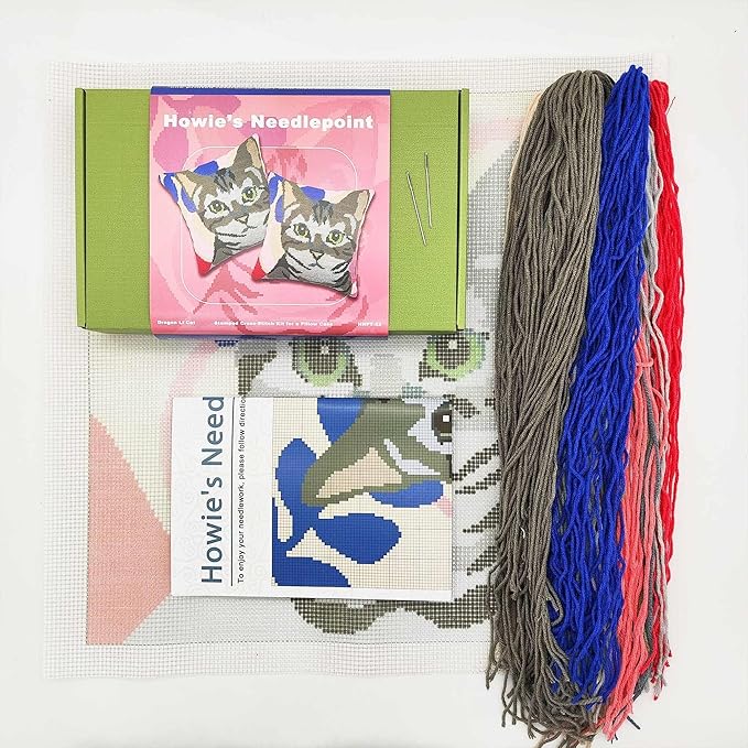 Howie's Needlepoint Needlepoint Kits for Adults, Pillow Front Cross Stitch Kit with Embroidery Pattern on Canvas, Yarn, 2 Needles and Instruction, 16 x 16inch(Dragon Li Cat)