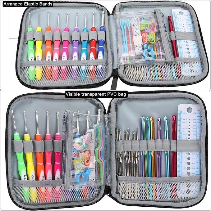 LOOEN New Set Crochet Hooks Set 62pcs Crochet Kit, 9pcs Rubber Handles Hook 2.0MM-6MM and 9pcs Aluminum Hooks Hook 12pcs Lace Hooks Comfort Grip for Arthritic Hands-Accessories Included (A - Blue)