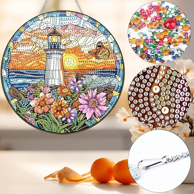 Bimkole Lighthouse Diamond Art Hanging Kit for Adult, DIY 5D Diamond Art Flower Window Pendant, Acrylic Crystal Art Hanging Ornament Home Wall Garden Front Door Sign Outdoor Decor 7.8x7.8 Inch