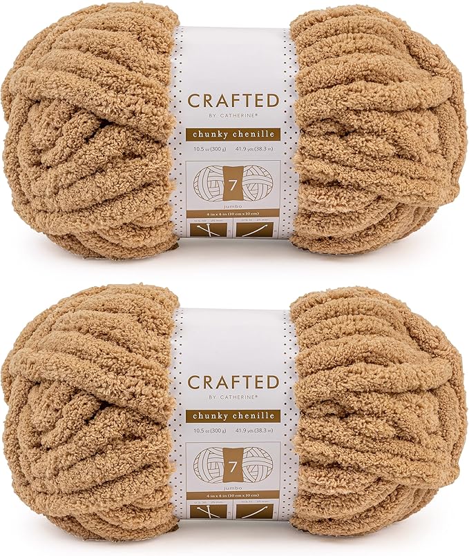 Crafted By Catherine Chunky Chenille Yarn - 2 Pack (41 Yards Each Skein), Khaki, Gauge 7 Jumbo