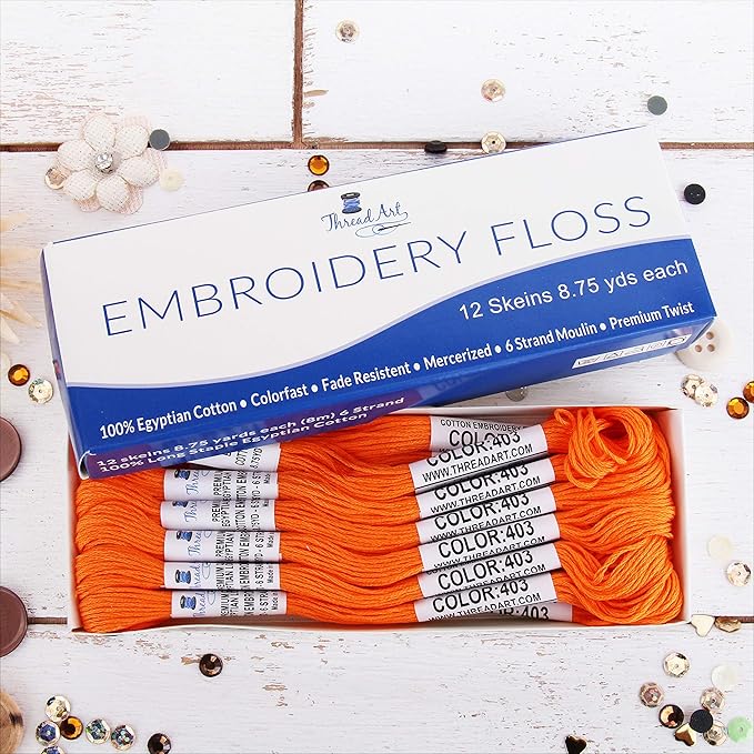12 Skeins ThreadArt Premium Egyptian Long Fiber Cotton Embroidery Floss | Orange | 6 Strand Divisible Thread 8.75yds Each for Hand Embroidery, Friendship Bracelets, Cross Stitch and Crafts