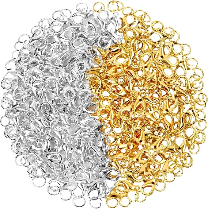 400PCS Jewelry Clasps with Open Jump Rings, Lobster Claw Clasps Silver & Gold Bracelet Necklace Clasps for DIY Jewelry Making, 12mmX7mm