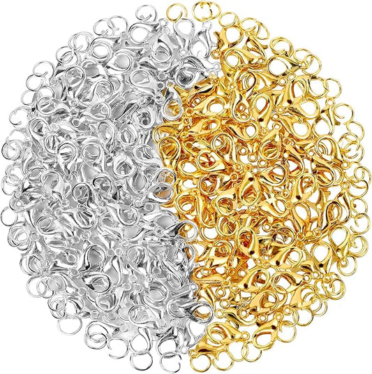 400PCS Jewelry Clasps with Open Jump Rings, Lobster Claw Clasps Silver & Gold Bracelet Necklace Clasps for DIY Jewelry Making, 12mmX7mm
