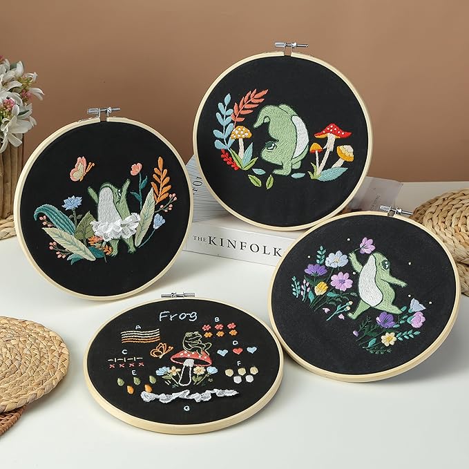 Phylisn 4 Sets Embroidery Kit for Beginners Adults,Embroidery Starter DIY Kits with Frog Patterns,2 Hoops,Color Threads, Tools,Easy Learn to Embroider with Instructions & Video Tutorials